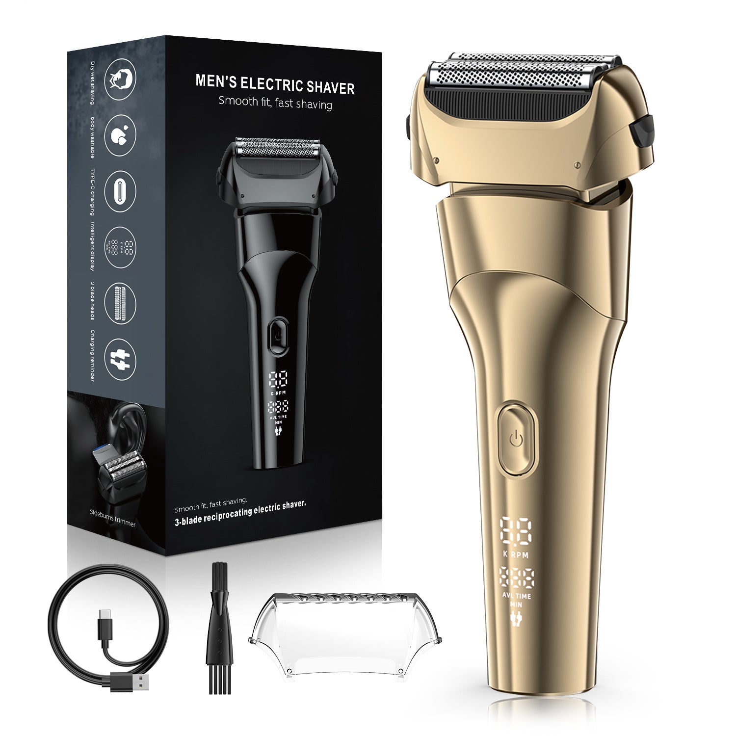 Revolving floating blade electric shaving razor with USB fast charging for men - digital display - full body water wash - beard trimming knife