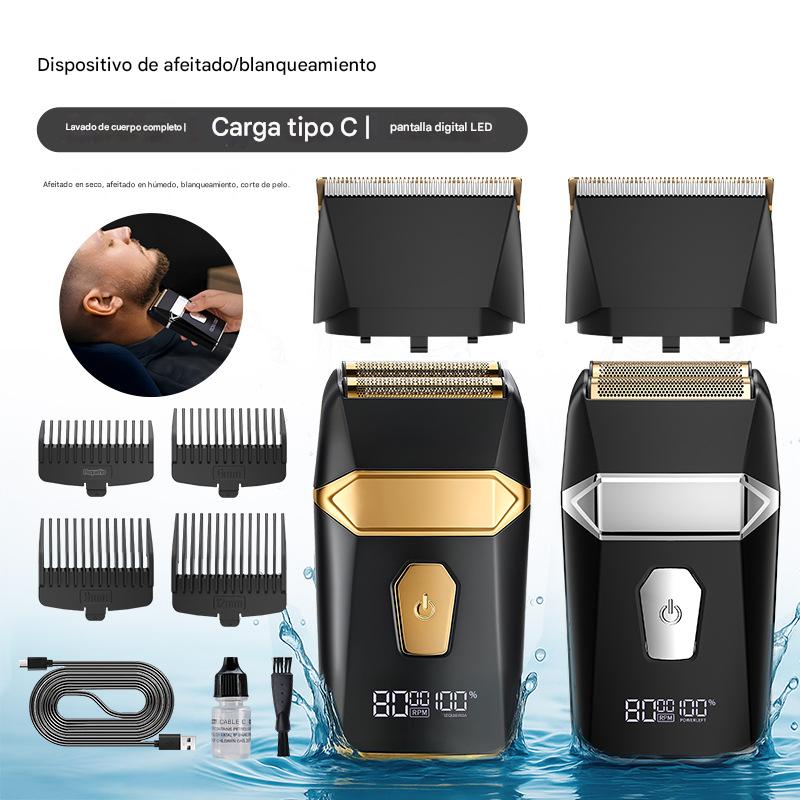 Electric hair clipper for shaving, bleaching hair, both dry and wet use, reciprocating floating double-blade head razor, full body water wash, quick charging