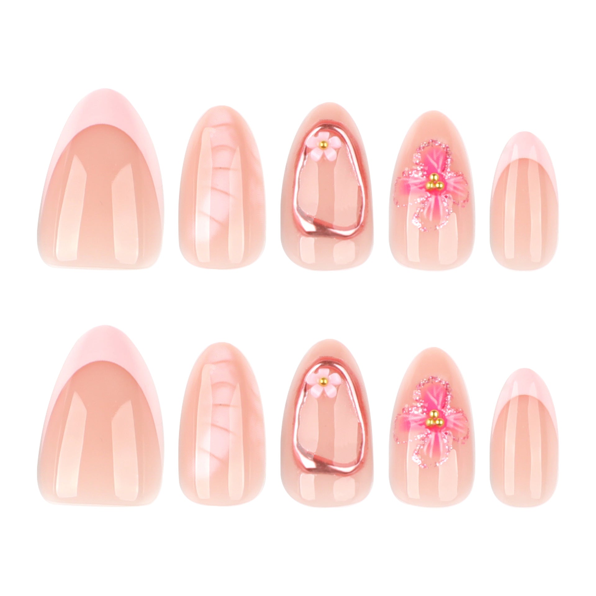 Short almond-shaped nail art with French-style pink color. Wearable artificial nails with 3D flower-shaped nail pieces.