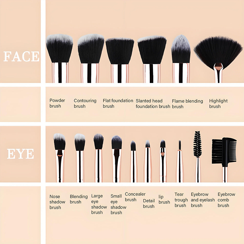 Pretty and Perfect A complete set of 16 makeup brush sets with  wooden handles and soft fiber bristles, suitable for professional makeup application.